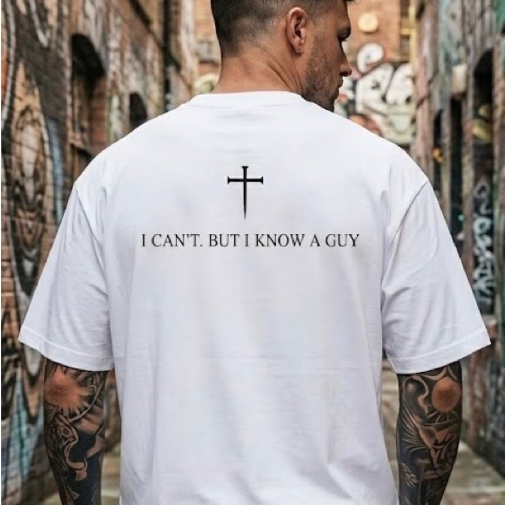 Men's White Graphic Tee with Cross Design